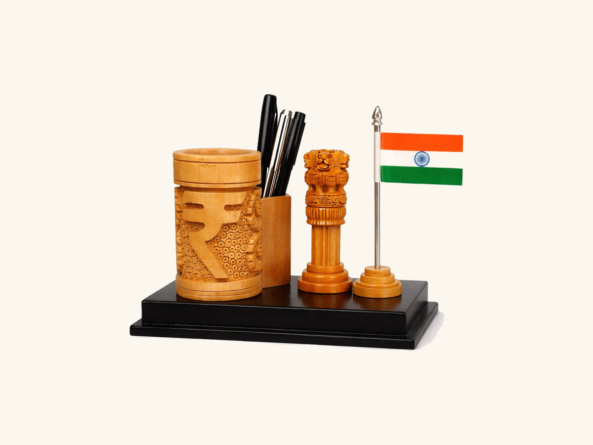 Wooden Emblem Pen Stand