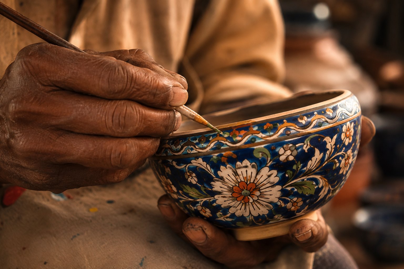 Indian artisan hand painting blue pottery